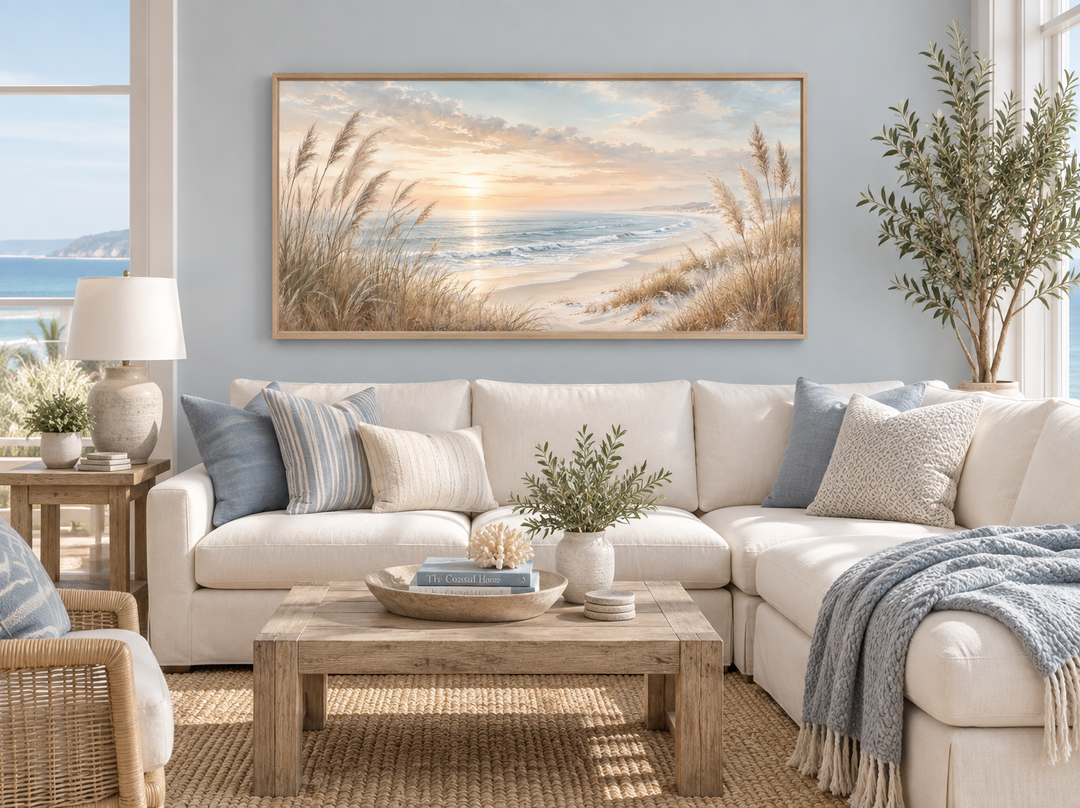 Framed horizontal canvas print of a sunset beach scene with pampas grass above a white sofa.
