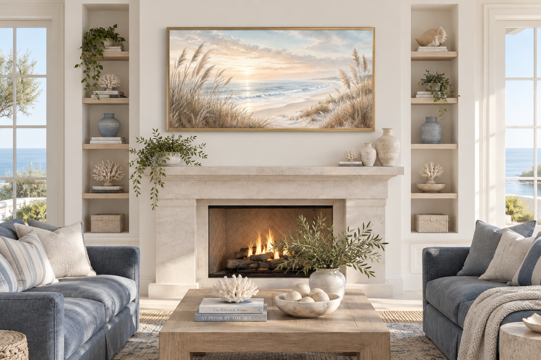 Framed coastal canvas print of beach pampas grass at sunset above a fireplace in a neutral room.
