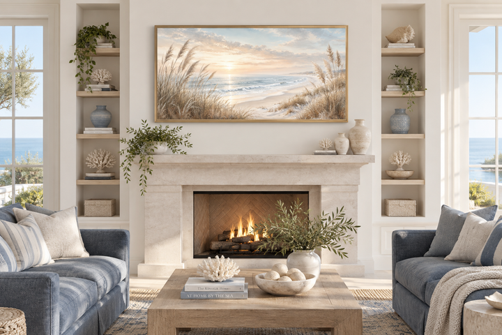 Framed coastal canvas print of beach pampas grass at sunset above a fireplace in a neutral room.