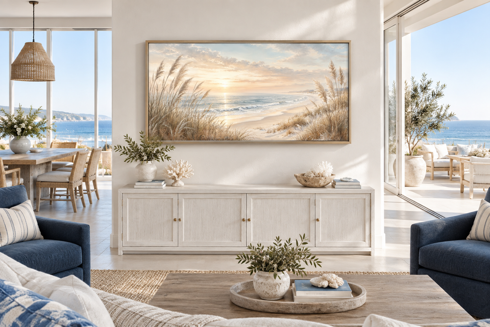 Framed coastal canvas print of beach pampas grass at sunset above a white sideboard.