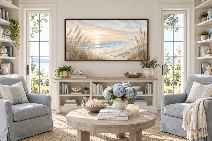 Framed coastal canvas print of beach pampas grass at sunset above a white console in a living room.
