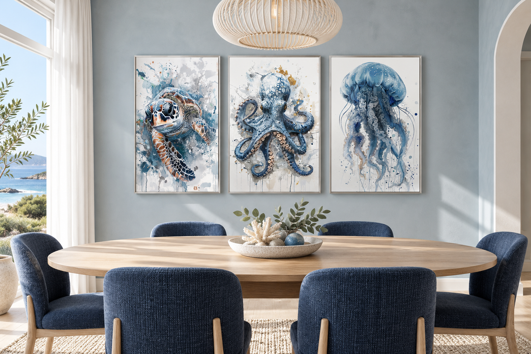 Three-piece marine animal wall art set featuring a sea turtle, octopus, and jellyfish in blue.