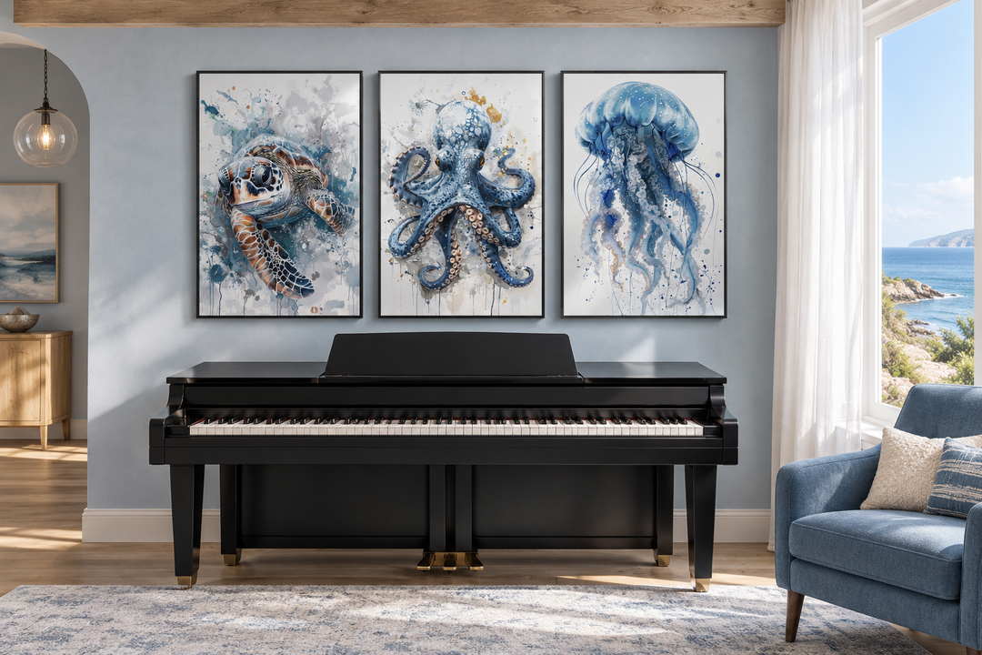 Three-piece marine animal wall art featuring a sea turtle, octopus, and jellyfish above a piano.