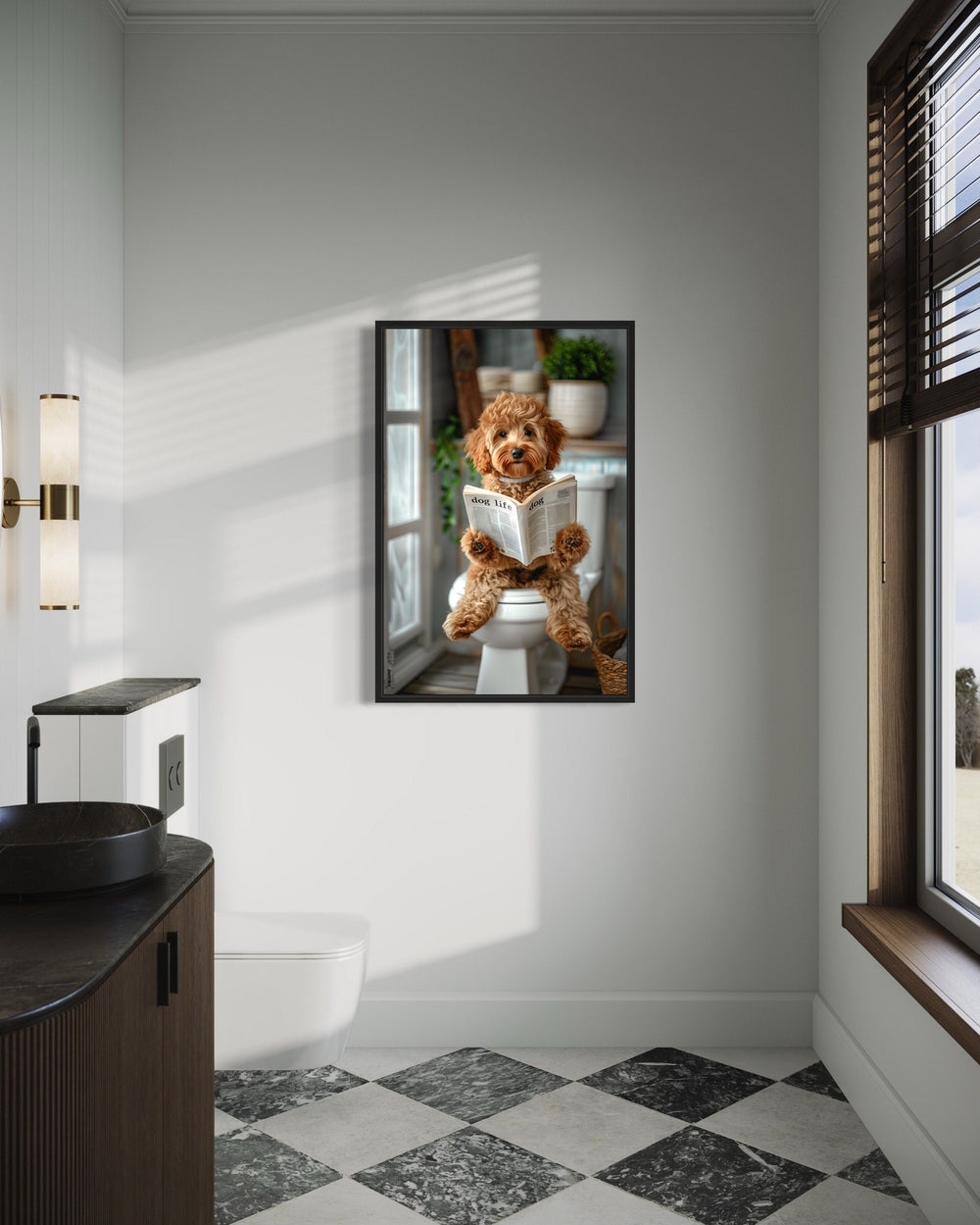 Cockapoo Dog On The Toilet Reading Newspaper Picture