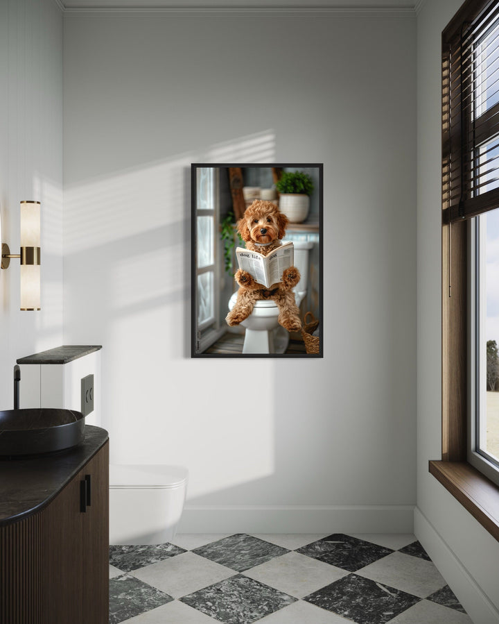 Cockapoo Dog On The Toilet Reading Newspaper Picture