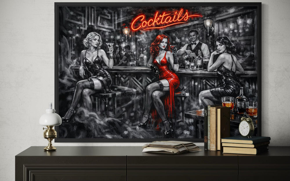 Retro noir canvas print of a cocktail bar with glamorous women and a red neon sign.