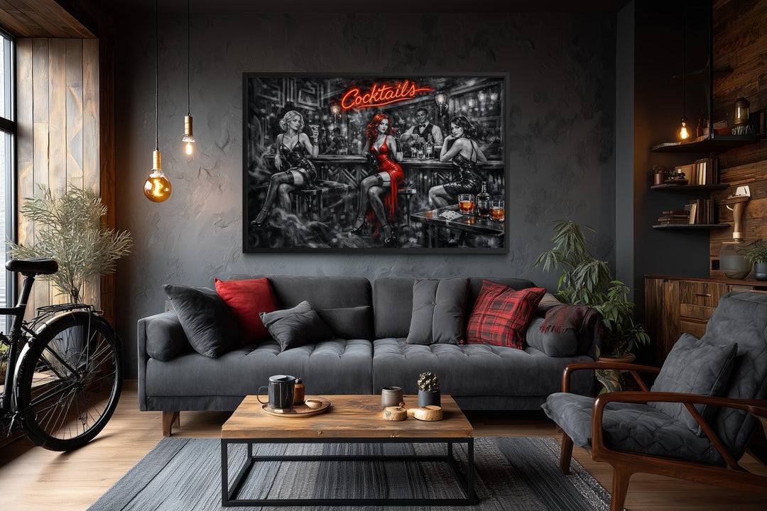 Retro noir canvas print of a cocktail bar with glamorous women and a red neon sign on a dark wall.