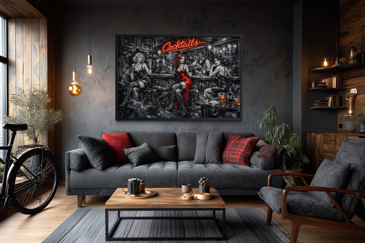 Retro noir canvas print of a cocktail bar with glamorous women and a red neon sign on a dark wall.