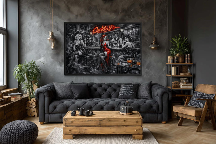 A cinematic noir canvas print of a cocktail bar with selective red accents hangs in a moody lounge.
