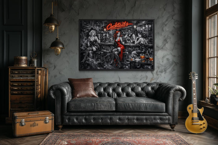 Retro noir canvas print of a cocktail bar with glamorous women and a red neon sign in a moody room.