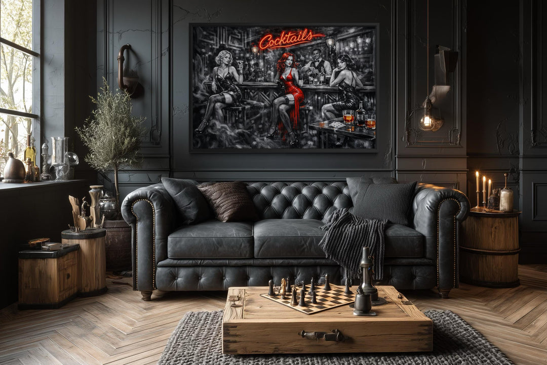 A cinematic noir canvas print of a cocktail bar with selective red accents in a moody lounge.