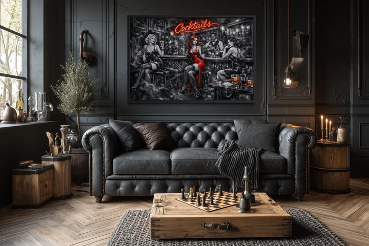 A cinematic noir canvas print of a cocktail bar with selective red accents in a moody lounge.