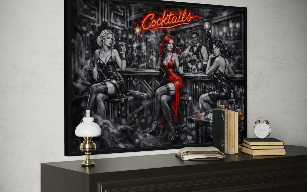 Retro noir canvas print of a cocktail bar with glamorous women and a red neon sign.