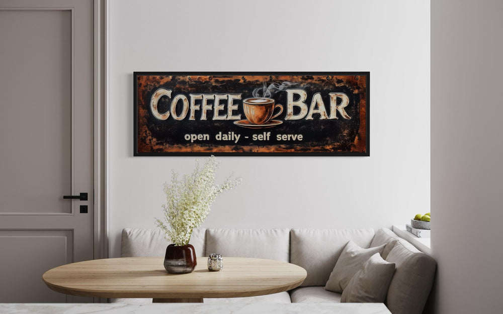 Framed canvas wall art with "Coffee Bar Open Daily Self Serve" text.