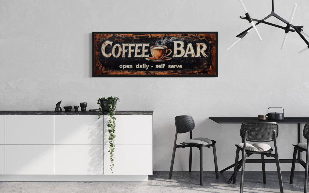 Framed canvas wall art with "Coffee Bar" text and a steaming cup.