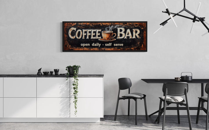 Framed canvas wall art with "Coffee Bar" text and a steaming cup.
