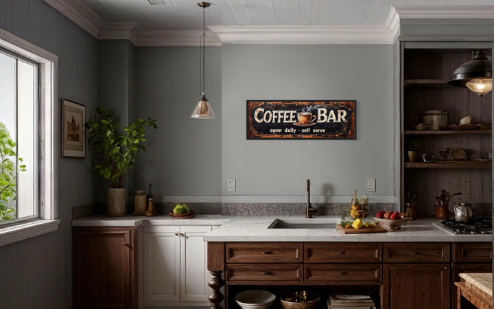 Framed canvas wall art with "Coffee Bar" text and a steaming cup.