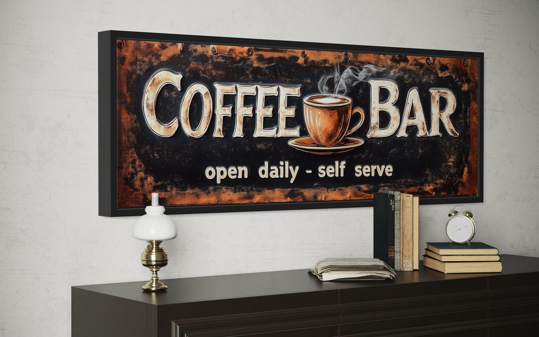 Framed canvas wall art of a vintage coffee bar sign.
