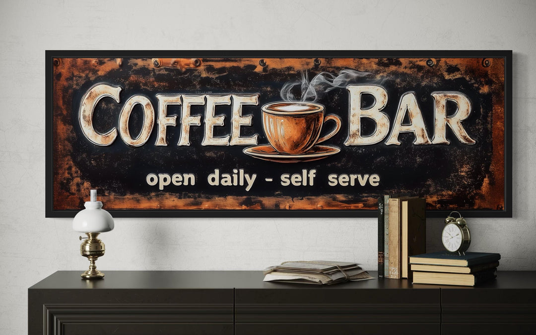 Framed canvas wall art with "Coffee Bar" and "open daily self serve".
