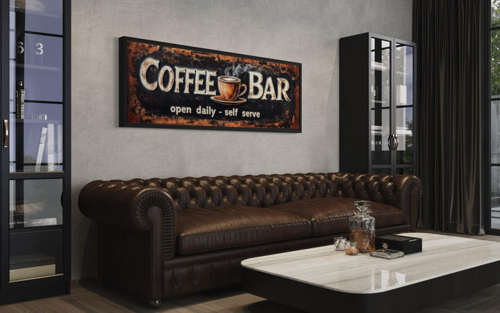 Vintage-style framed canvas wall art with "Coffee Bar" text and a coffee cup graphic.