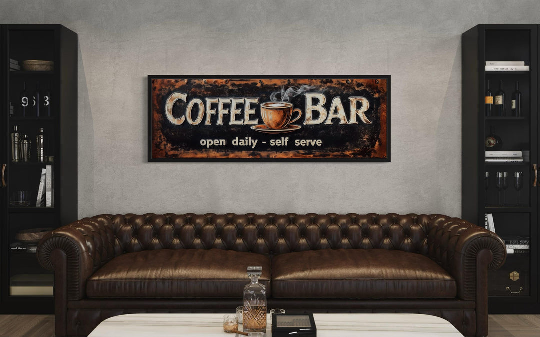 Vintage-style framed canvas wall art with "Coffee Bar" and "open daily - self serve" text.