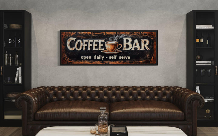 Vintage-style framed canvas wall art with "Coffee Bar" and "open daily - self serve" text.