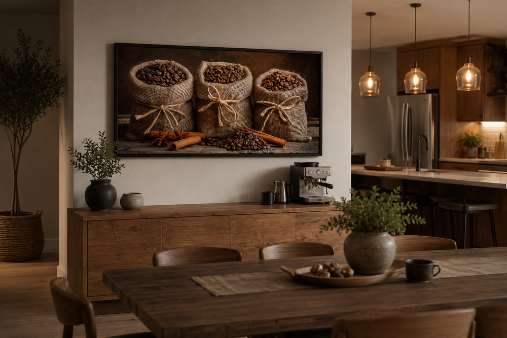 Framed canvas wall art of coffee beans in burlap bags and cinnamon sticks in a dining room.