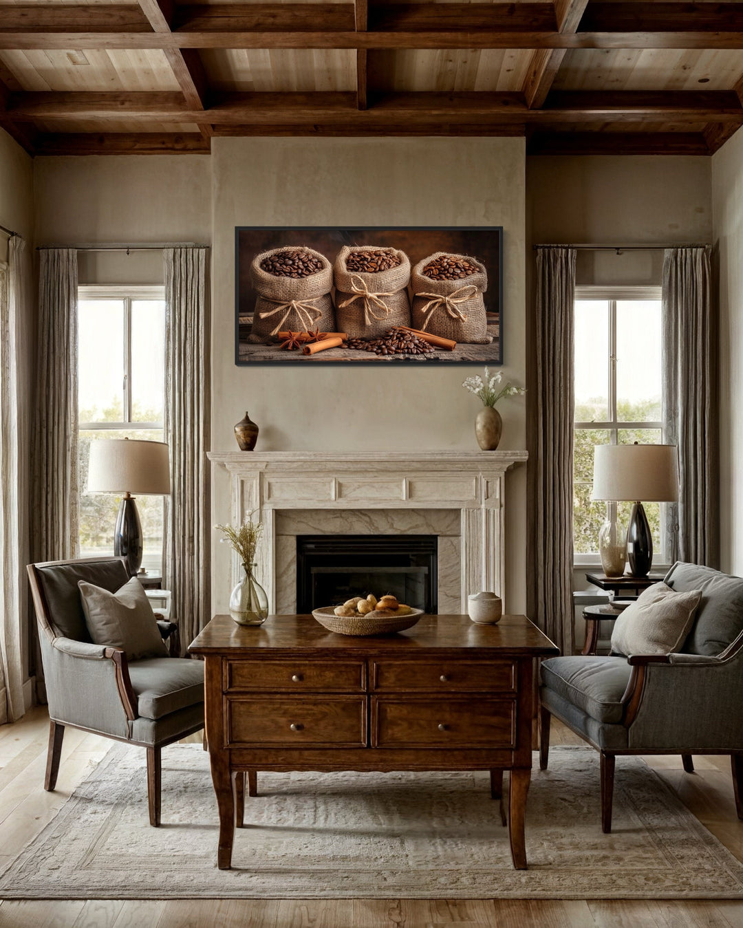 Framed canvas wall art of coffee beans in burlap bags and cinnamon sticks above a fireplace.