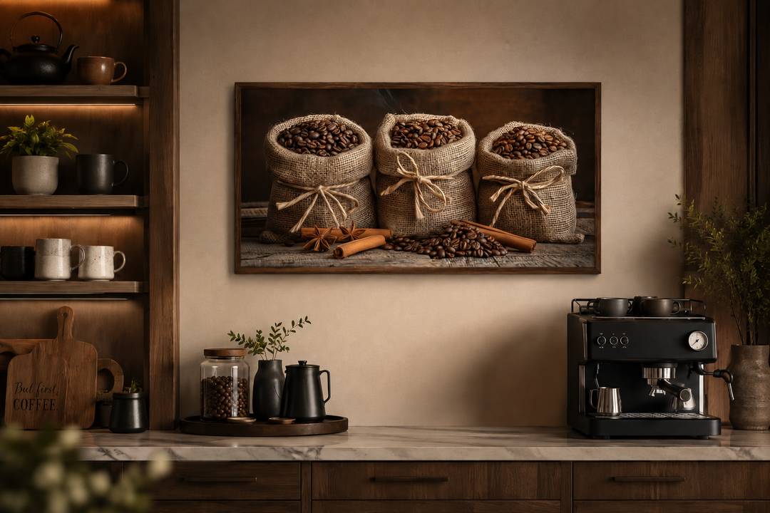 Framed canvas wall art of coffee beans in burlap bags and cinnamon sticks above a coffee bar.
