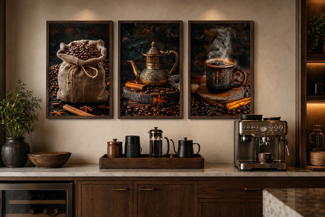 Set of 3 framed coffee-themed canvas prints above a kitchen counter with a coffee machine.