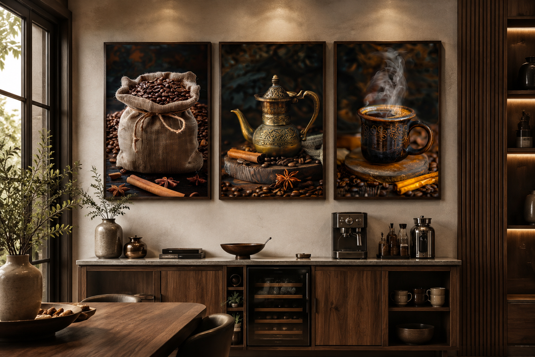 Set of 3 framed coffee-themed canvas prints featuring coffee beans, a vintage pot, and a steaming mug.
