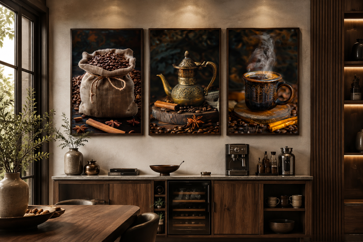 Set of 3 framed coffee-themed canvas prints featuring coffee beans, a vintage pot, and a steaming mug.