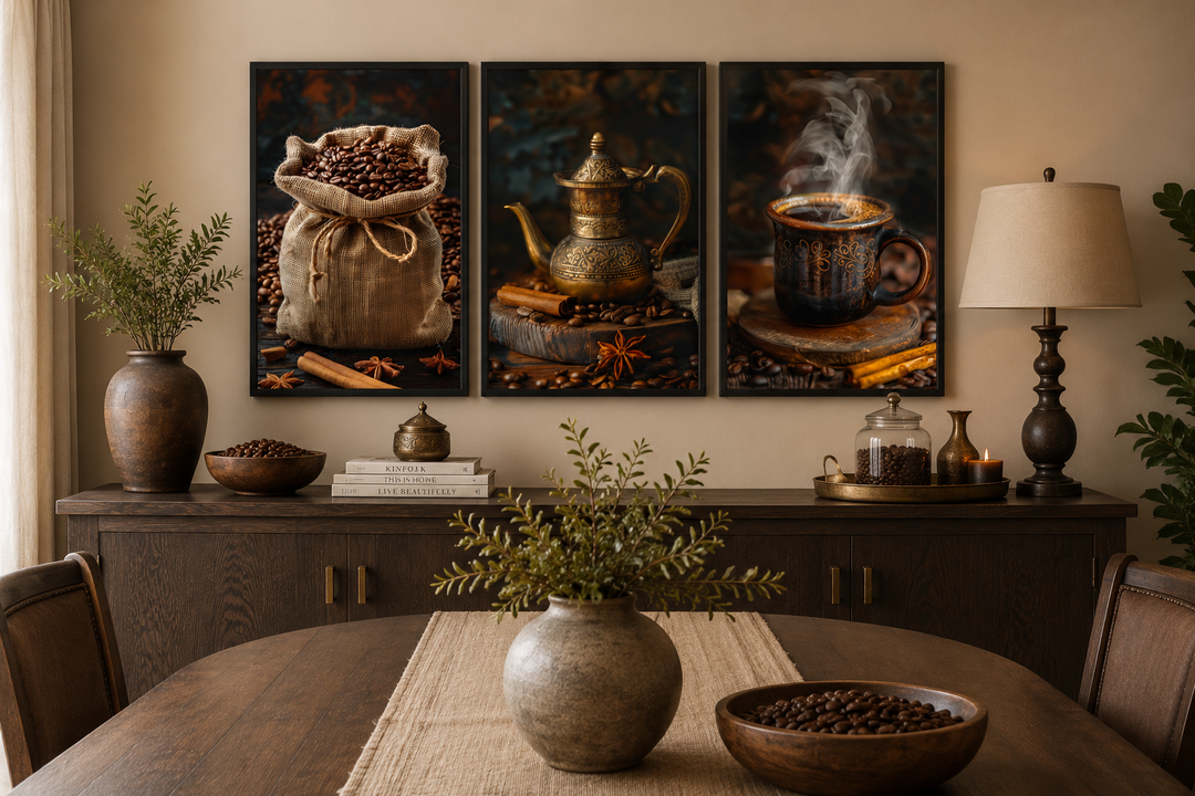 Set of 3 framed coffee-themed canvas prints featuring coffee beans, a vintage pot, and a steaming mug