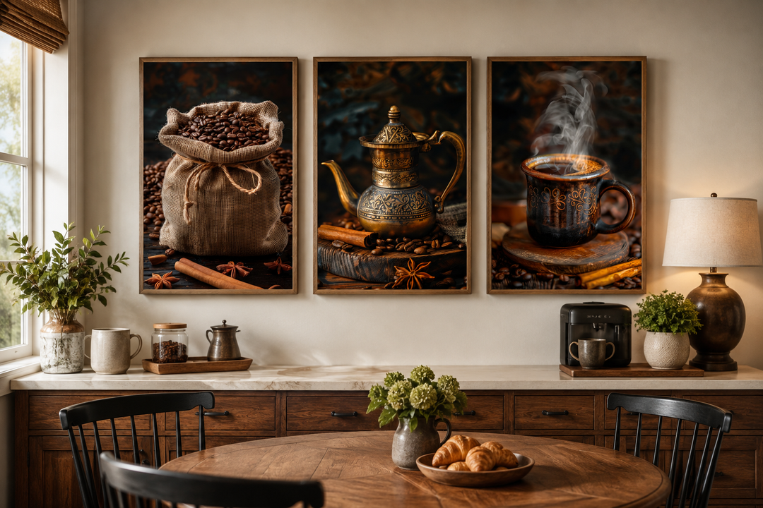 Set of 3 framed coffee-themed canvas prints featuring coffee beans, a brass pot, and a steaming mug.