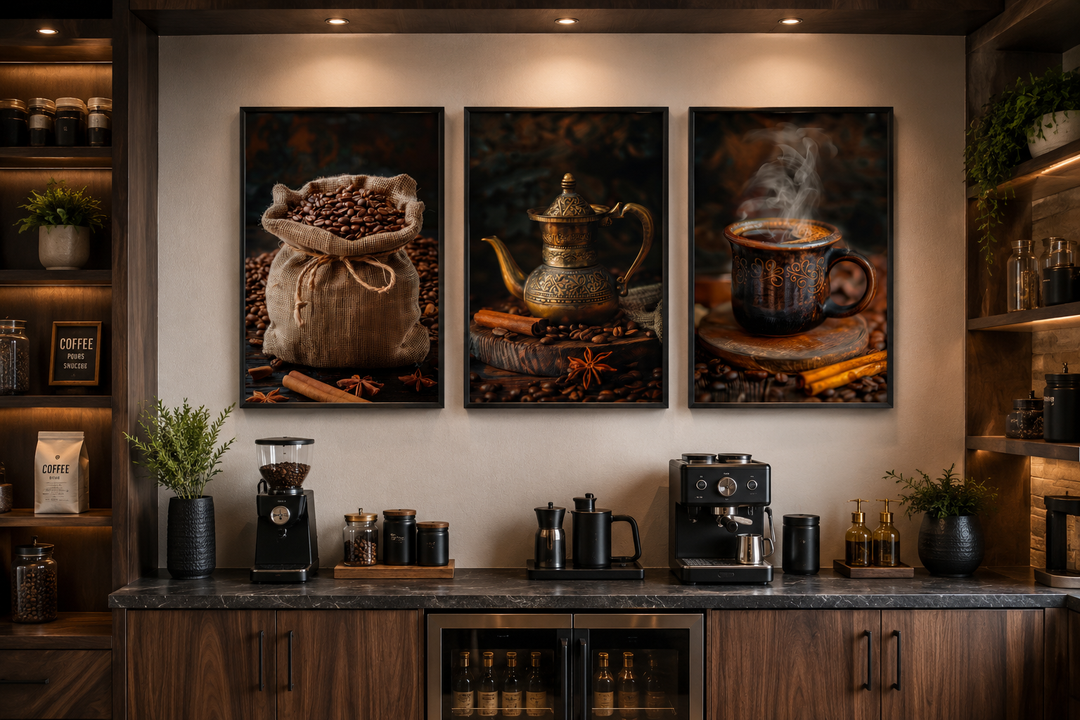 Set of 3 framed canvas prints featuring coffee beans in a sack, a vintage pot, and a steaming mug.