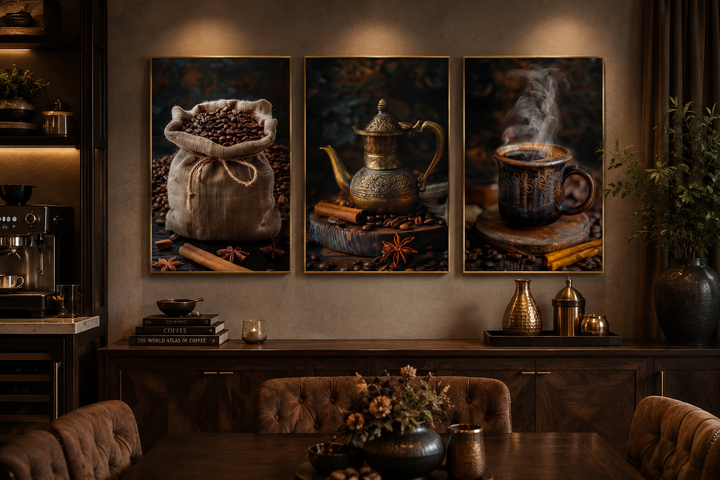 Set of 3 framed canvas prints featuring coffee beans, a vintage coffee pot, and a steaming mug.
