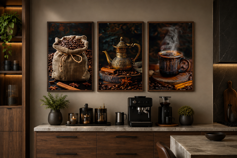 Set of 3 framed coffee-themed canvas prints featuring coffee beans, a vintage pot, and a steaming mug.