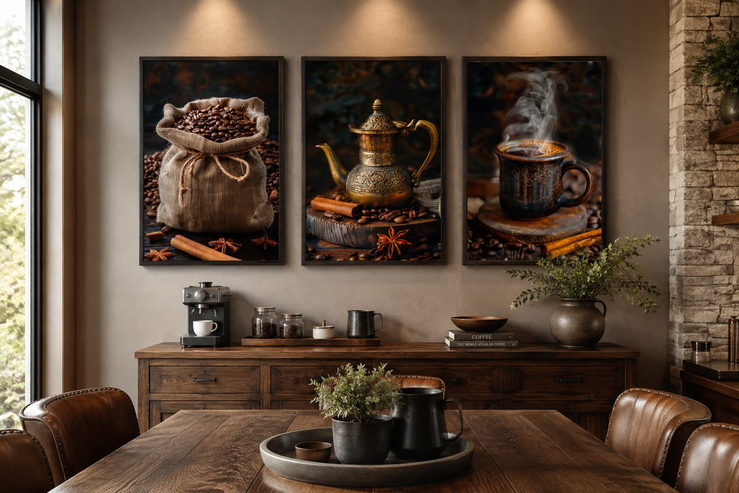 Set of 3 framed coffee-themed canvas prints above a wooden sideboard in a rustic dining room.