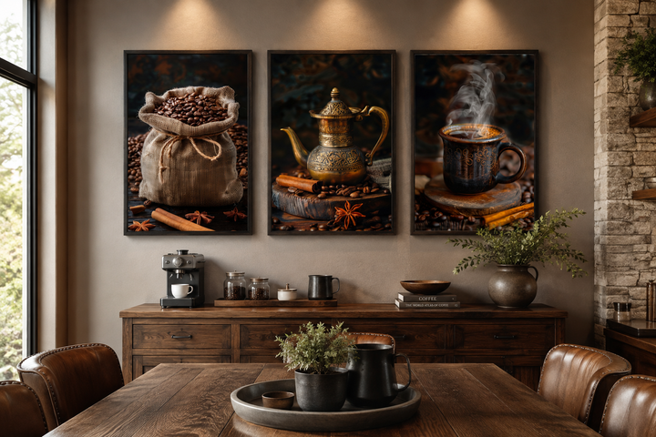 Set of 3 framed coffee-themed canvas prints above a wooden sideboard in a rustic dining room.