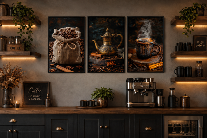 Set of 3 framed coffee-themed canvas prints featuring coffee beans, a kettle, and a steaming mug.