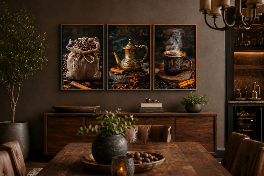 Set of 3 framed canvas prints featuring coffee beans, a vintage coffee maker, and a steaming mug.