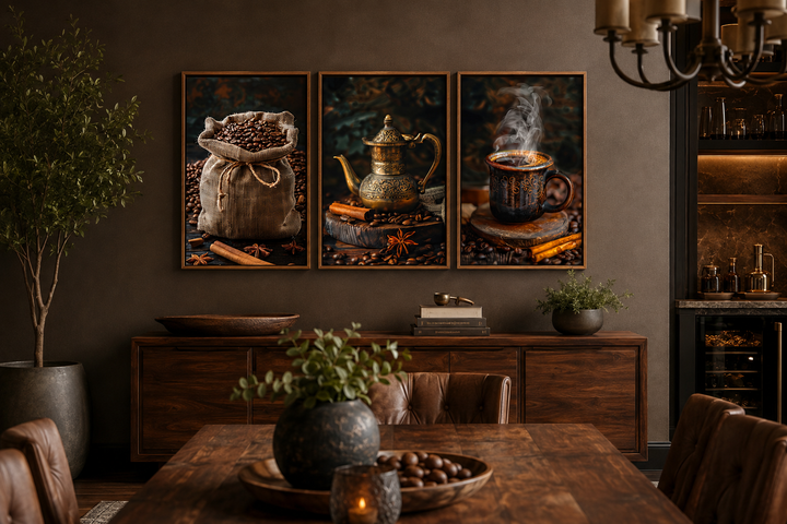 Set of 3 framed canvas prints featuring coffee beans, a vintage coffee maker, and a steaming mug.