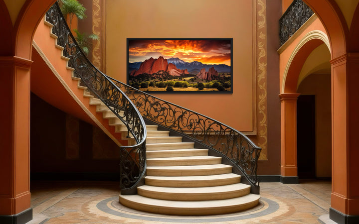Pikes Peak in Garden of the Gods at sunset canvas wall art displayed above a grand staircase.