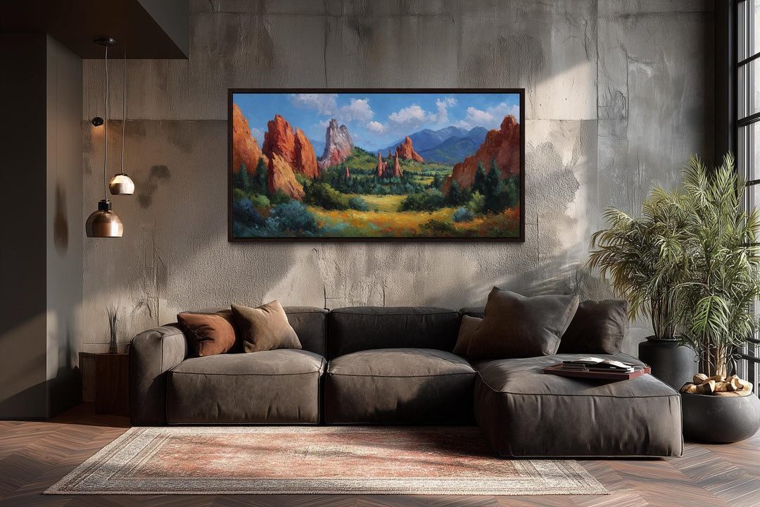 Colorado Garden of the Gods canvas wall art featuring red rock spires above a modern brown sofa.