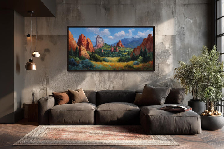 Colorado Garden of the Gods canvas wall art featuring red rock spires above a modern brown sofa.