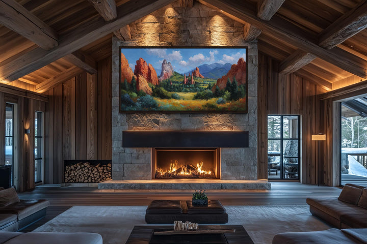 Colorado Garden of the Gods canvas wall art displayed above a fireplace in a rustic living room.
