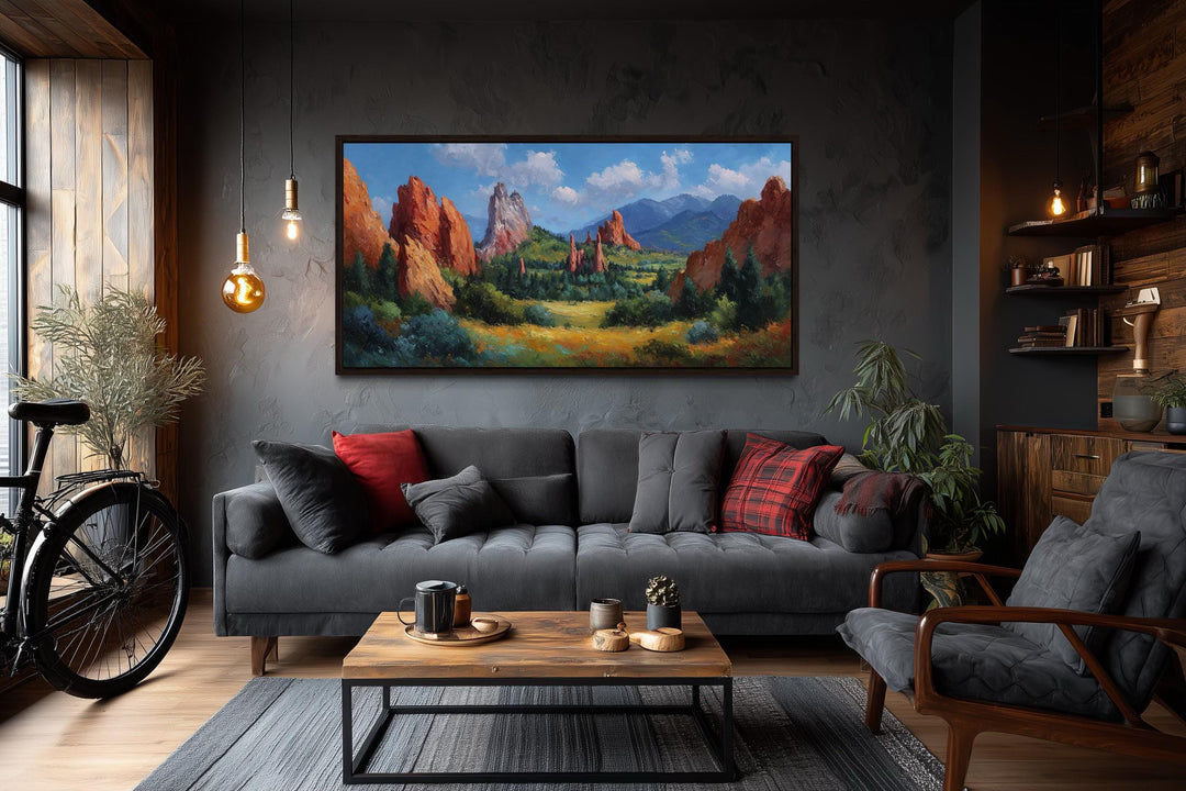 Colorado Garden of the Gods canvas wall art featuring red rock formations in a dark living room.