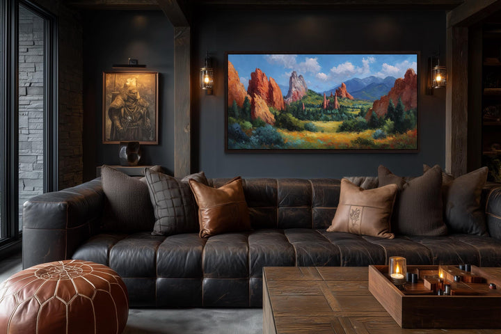 Colorado Garden of the Gods canvas wall art featuring red rock spires in a dark living room.
