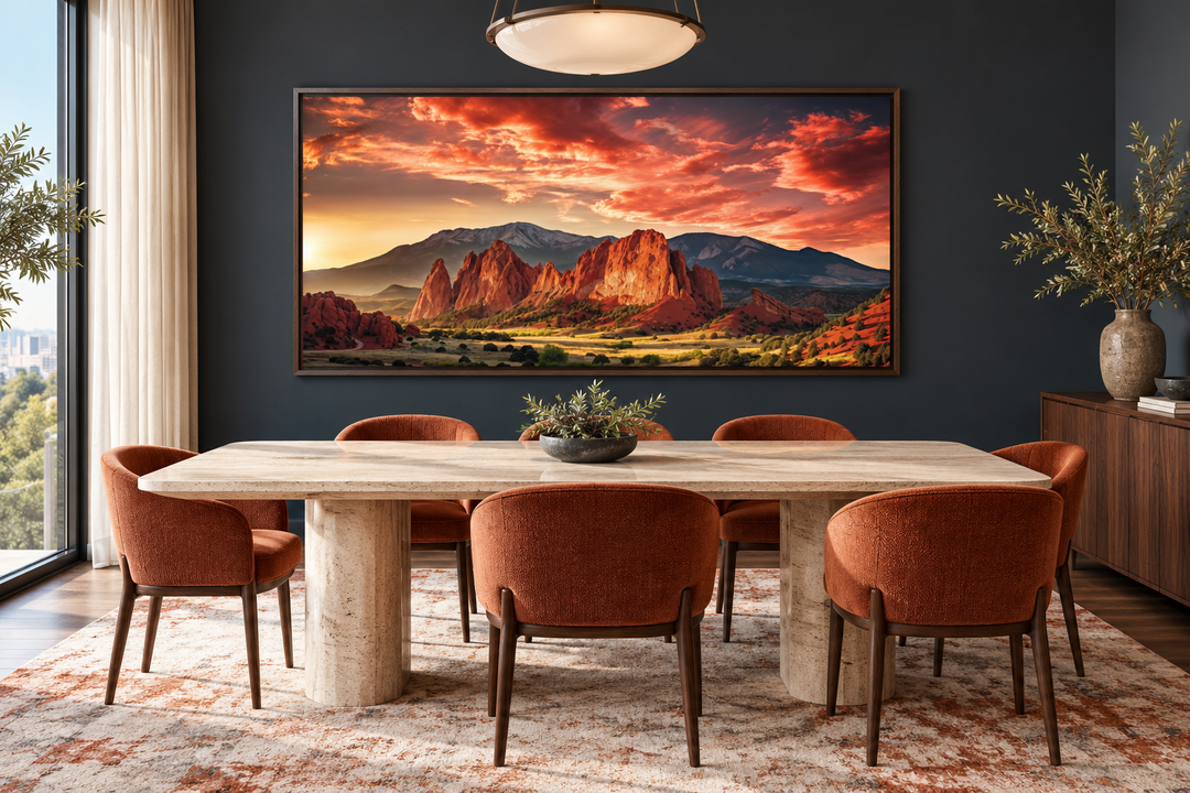 Framed canvas wall art of Garden of the Gods and Pikes Peak at sunset in a modern dining room.