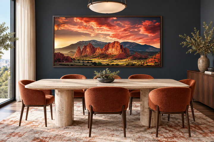 Framed canvas wall art of Garden of the Gods and Pikes Peak at sunset in a modern dining room.
